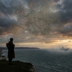 Soldier overlooking sea with Europe map overlay