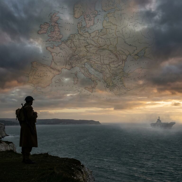 Soldier overlooking sea with Europe map overlay