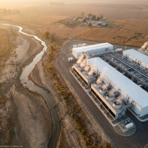 Industrieanlage neben ausgetrocknetem Flussbett bei Sonnenuntergang