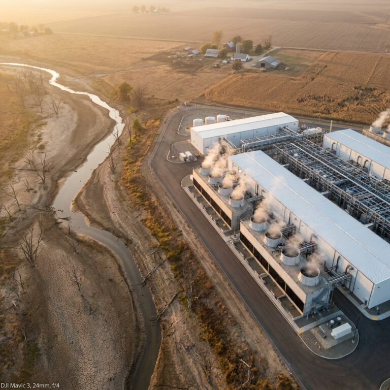 Industrieanlage neben ausgetrocknetem Flussbett bei Sonnenuntergang