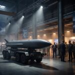 Missile on trailer at indoor defence exhibition