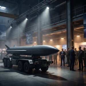 Missile on trailer at indoor defence exhibition