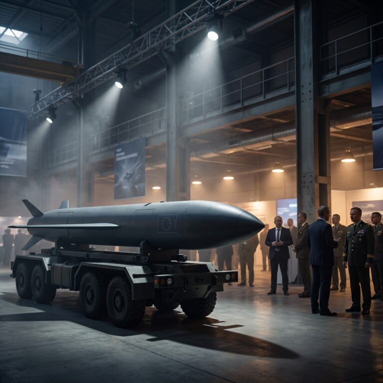 Missile on trailer at indoor defence exhibition