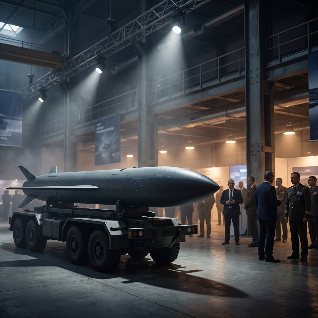 Missile on trailer at indoor defence exhibition