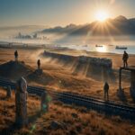 Güterzug an Küste bei Sonnenaufgang mit Bergen