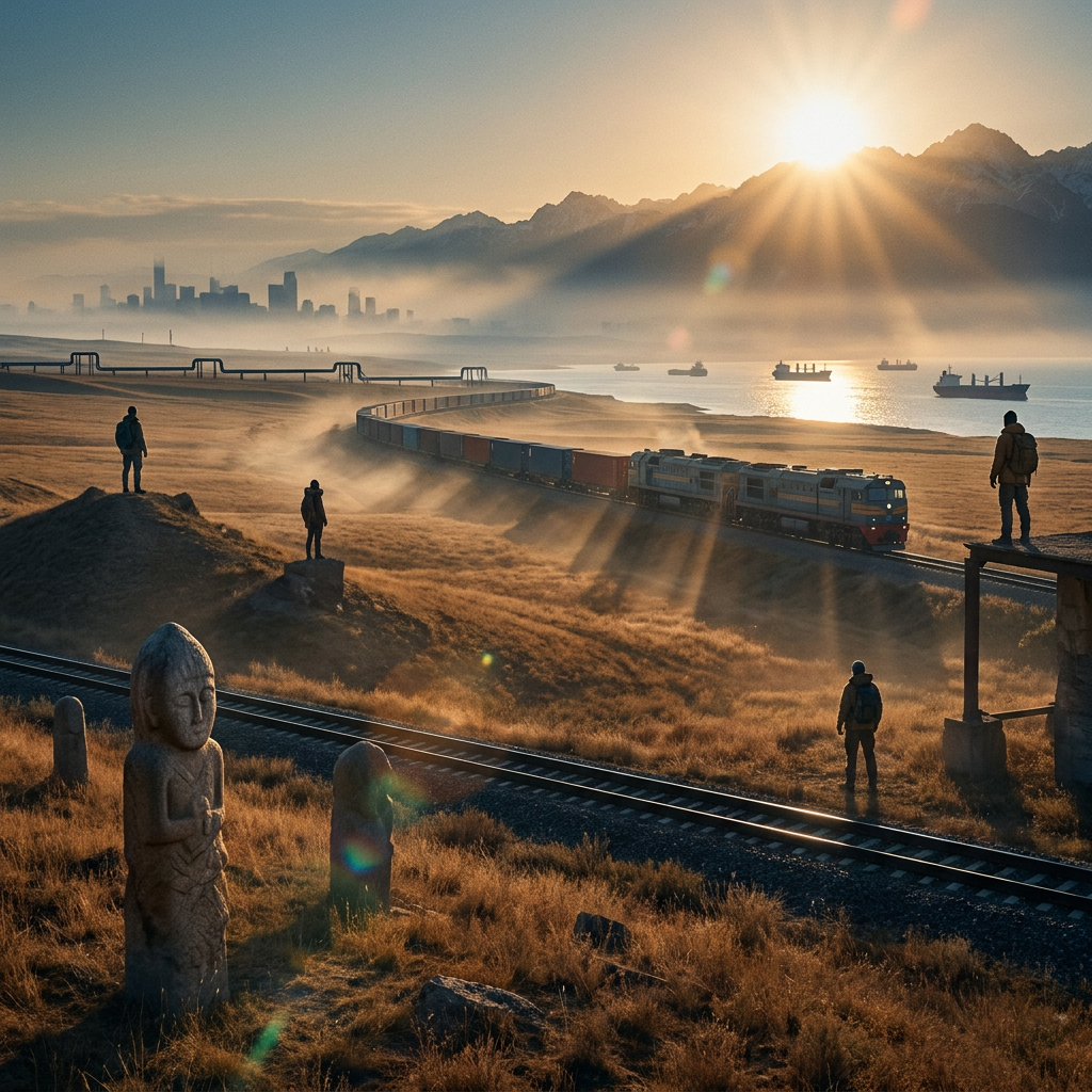 Güterzug an Küste bei Sonnenaufgang mit Bergen