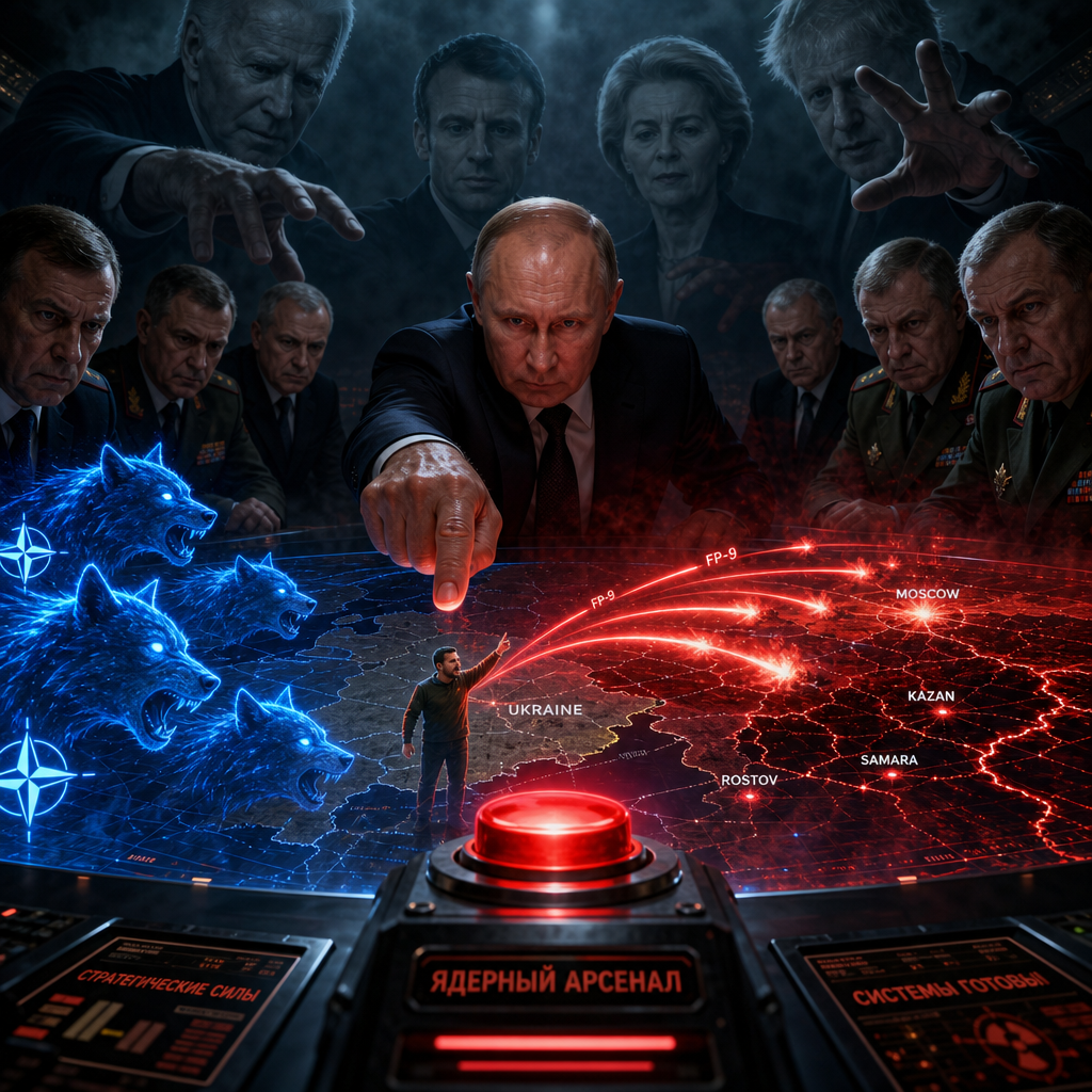 Leaders over war map with nuclear button