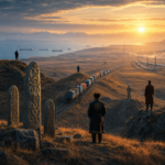 Freight train crossing coastal steppe at sunset