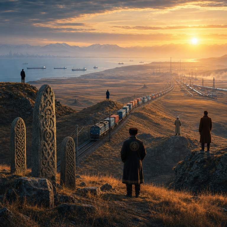 Freight train crossing coastal steppe at sunset