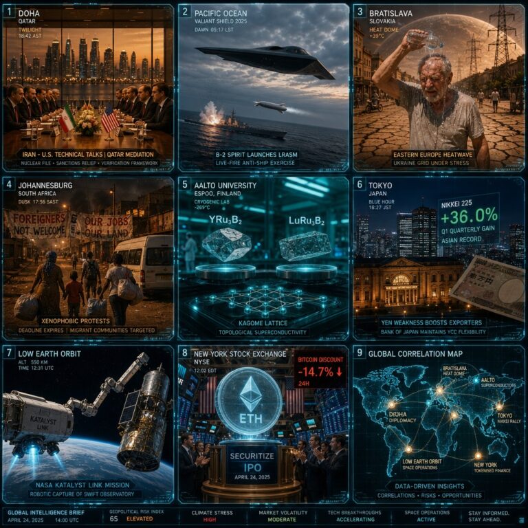 Global news collage featuring politics, science, markets, space