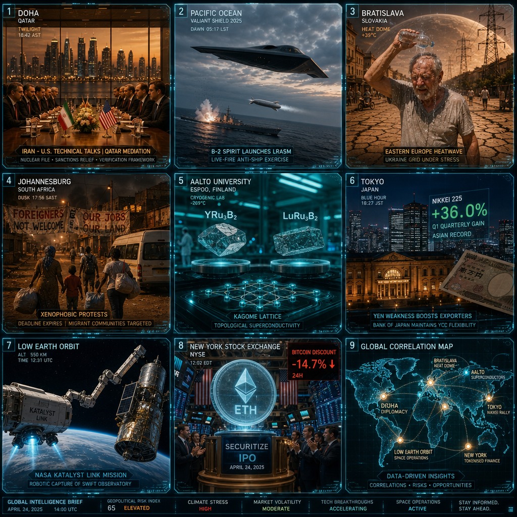 Global news collage featuring politics, science, markets, space