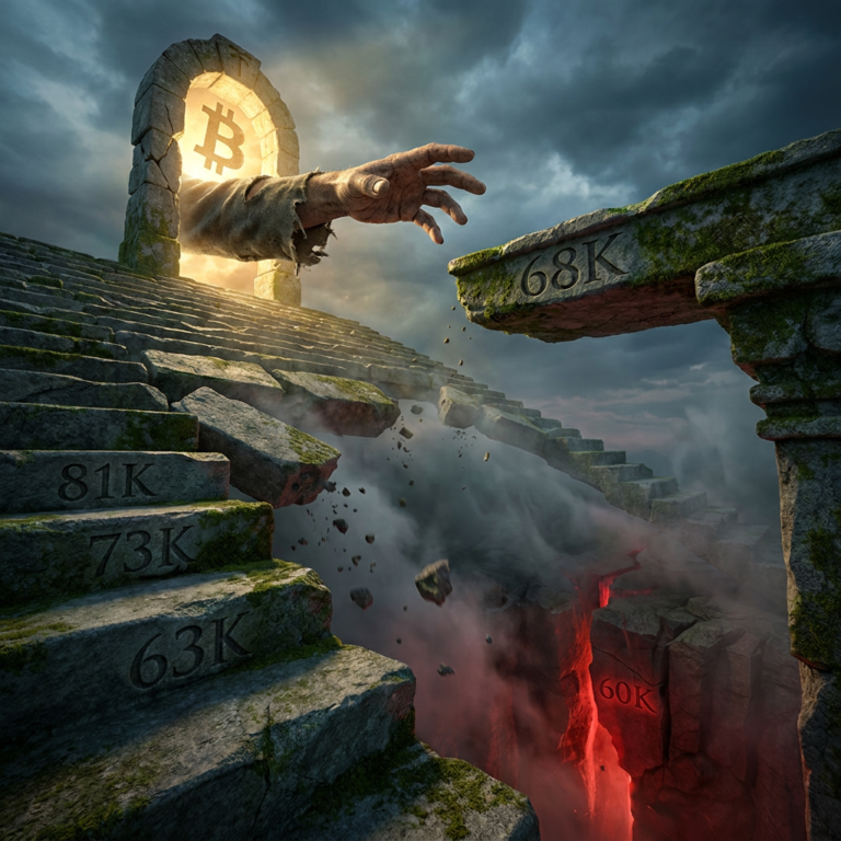 Bitcoin doorway above crumbling stone steps over lava