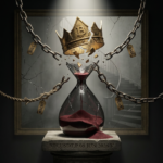 Cracked hourglass beneath shattered Bitcoin crown and chains