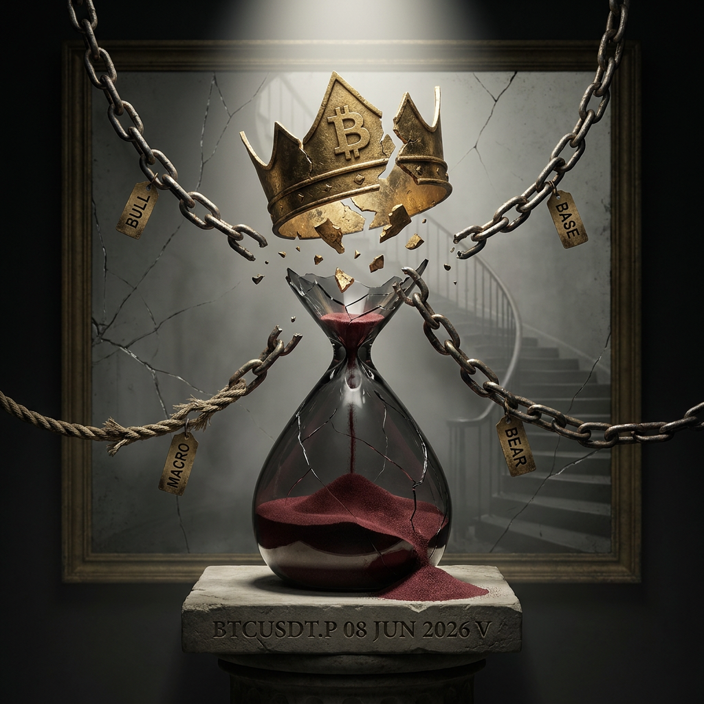 Cracked hourglass beneath shattered Bitcoin crown and chains
