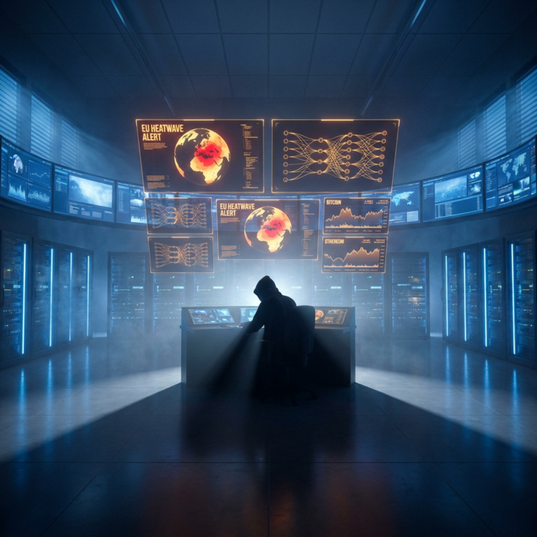 Hooded figure monitoring data screens in server room
