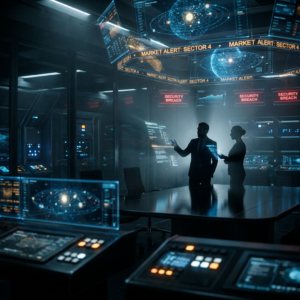 Cybersecurity analysts monitoring market alerts in control room