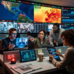 Crisis control room monitoring global emergencies and markets