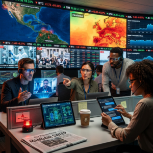 Crisis control room monitoring global emergencies and markets