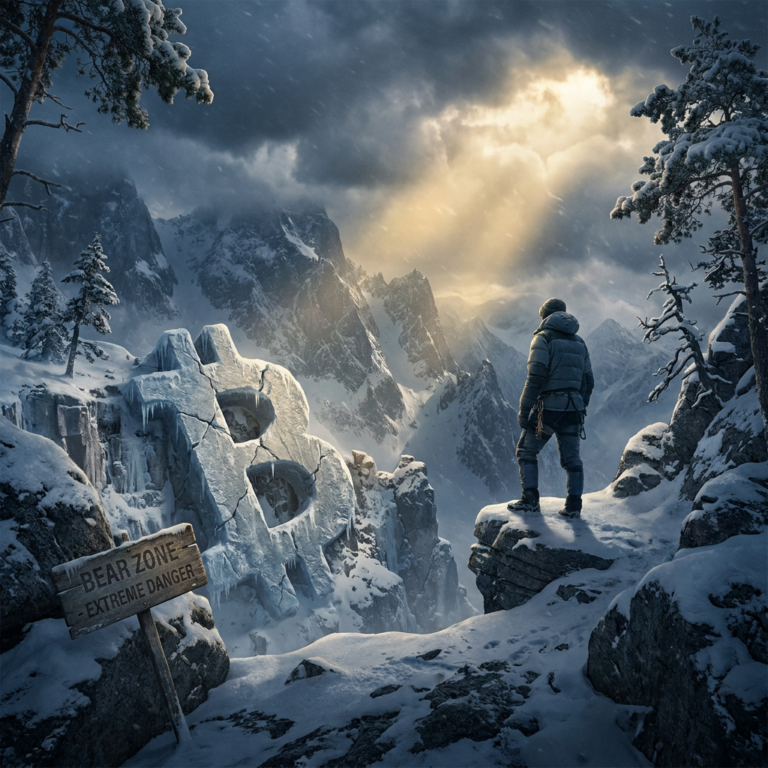 Climber overlooking snowy mountains and skull-shaped rock