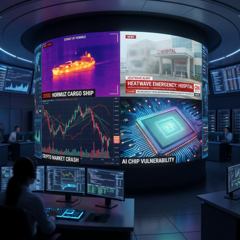 High-tech control room with global crisis news screens