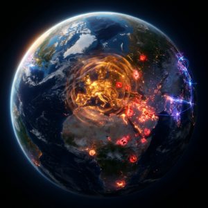 Illuminated Earth with glowing hotspots over Europe and Africa