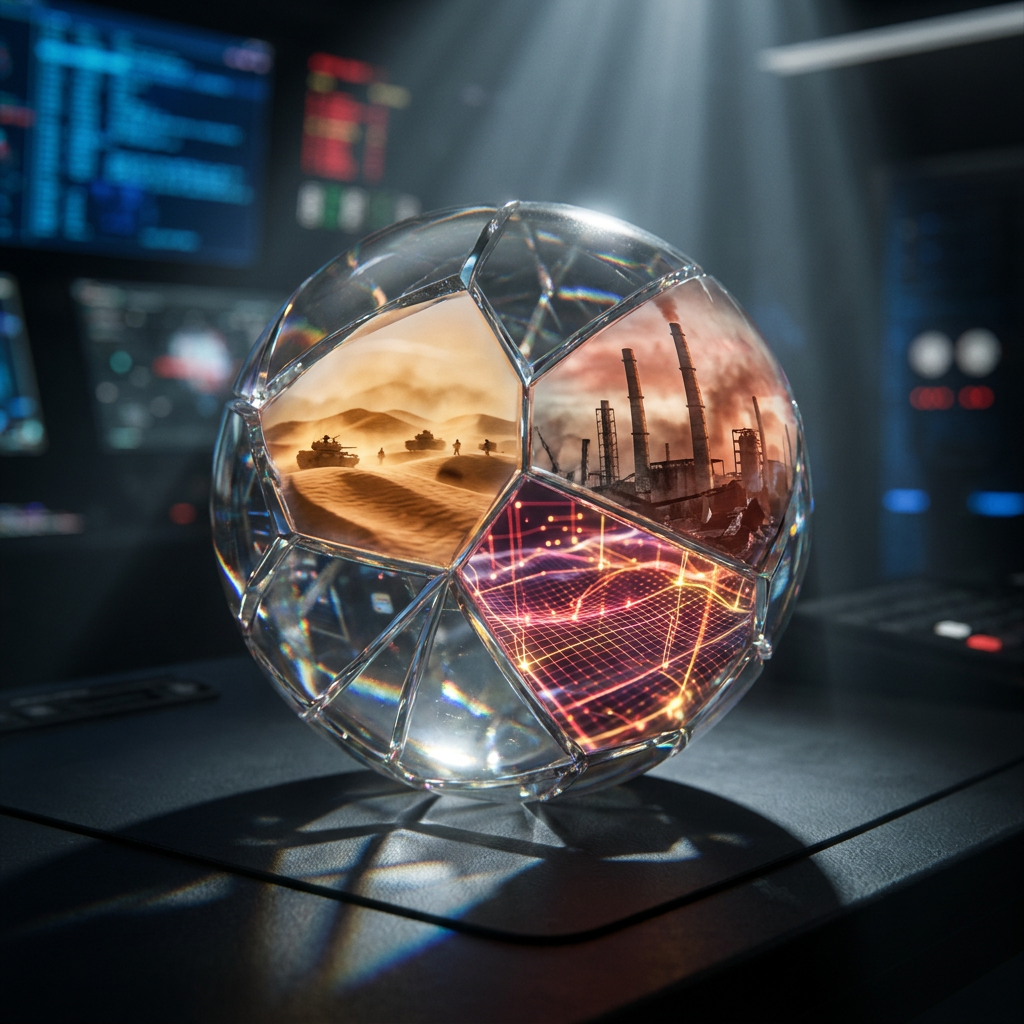Crystal sphere showing war, industry and data network