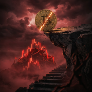 Cracked Bitcoin coin on cliff during storm