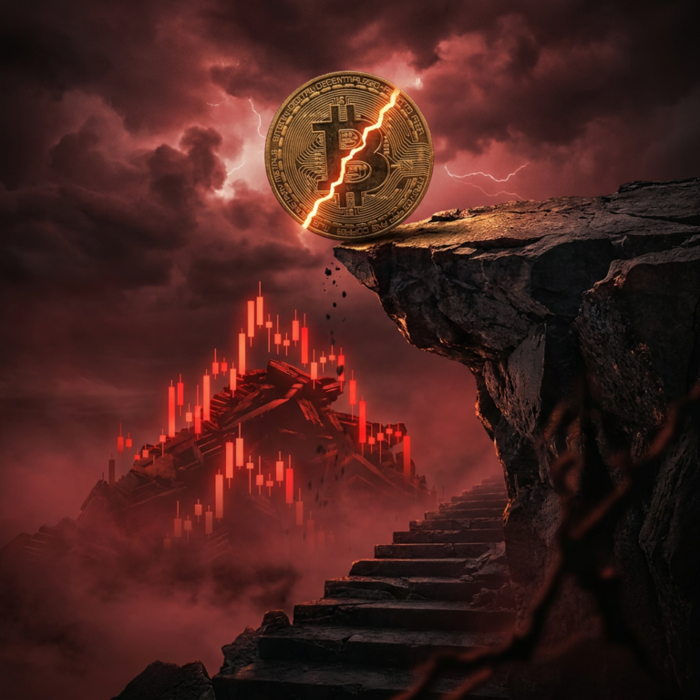 Cracked Bitcoin coin on cliff during storm