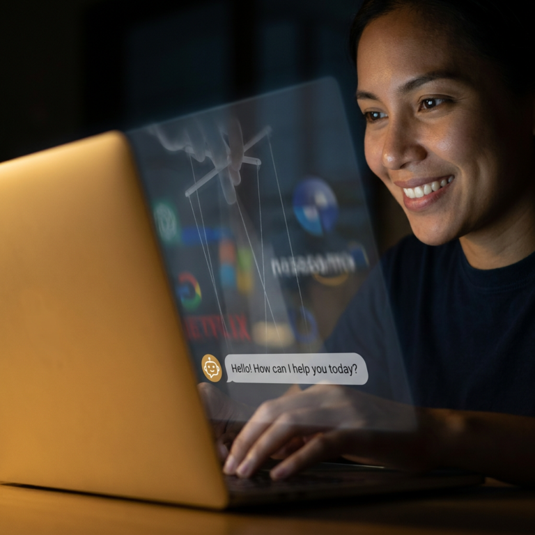 Woman using laptop with chatbot interface overlay