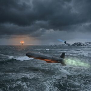 Missile flying over stormy sea towards explosion