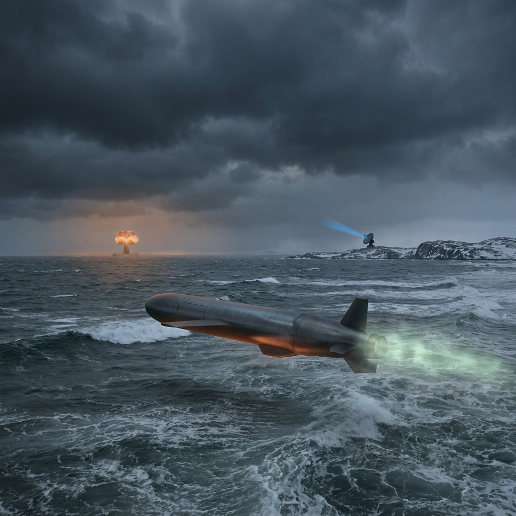 Missile flying over stormy sea towards explosion