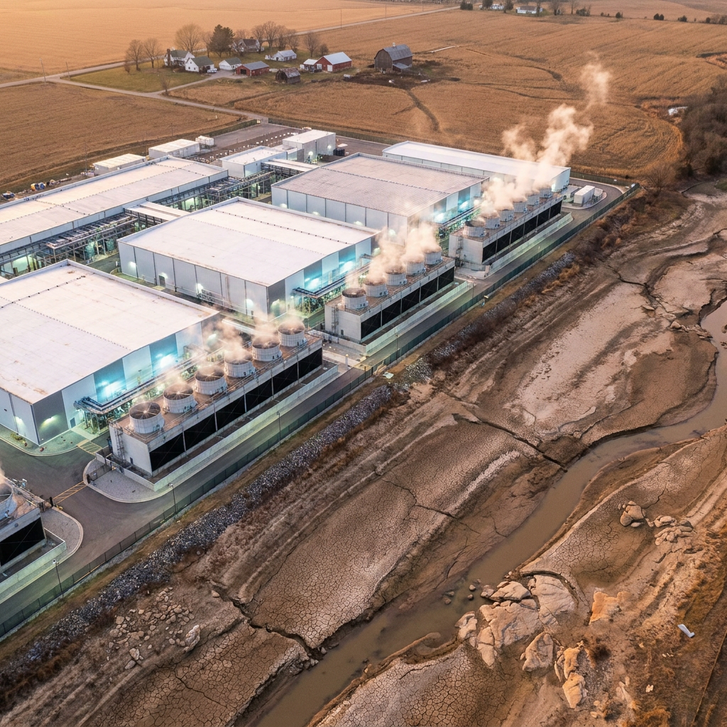 Industrial data centre beside dried riverbed farmland