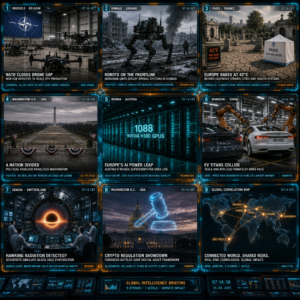 Futuristic global news dashboard with nine headlines