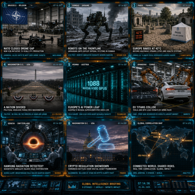 Futuristic global news dashboard with nine headlines