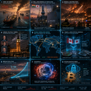 Global geopolitics news collage with maps and crises