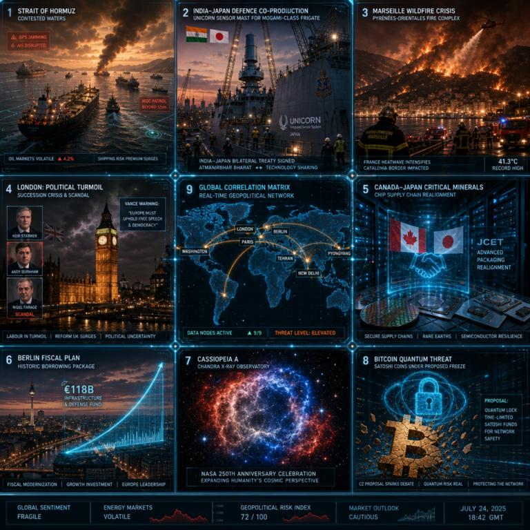 Global geopolitics news collage with maps and crises