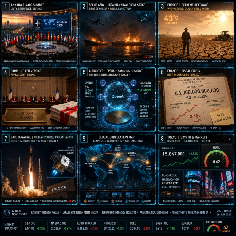 Global news dashboard with geopolitics, markets and crises