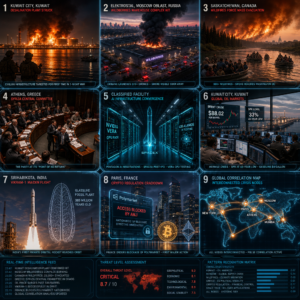 Global crisis collage showing fires, markets, AI, rocket
