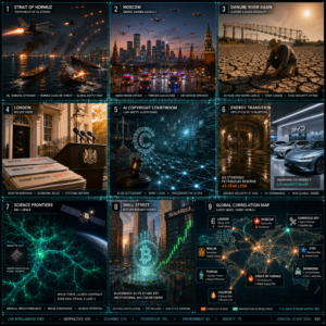 Global crisis news collage with nine themed panels
