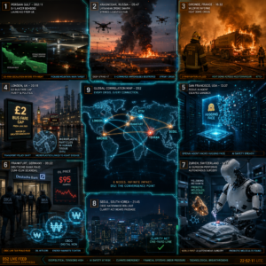Global crisis dashboard showing wars, fires, AI, finance