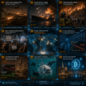 Global news collage of crises, markets and technology