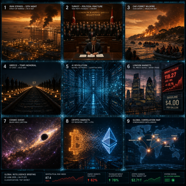 Global news dashboard with crises, markets, and AI