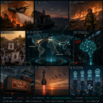 Global crises collage with wildfires, protests and technology