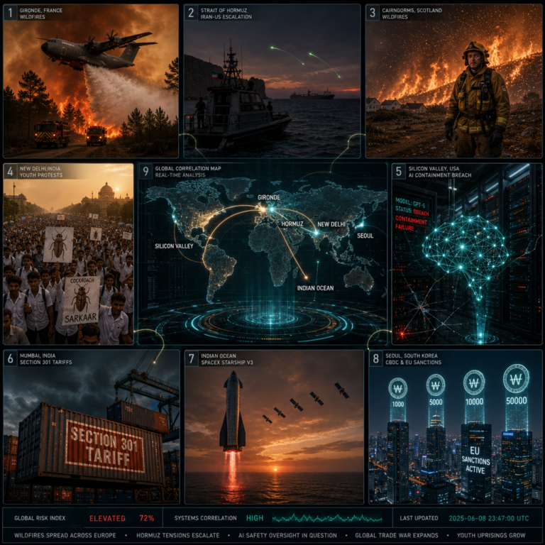Global crises collage with wildfires, protests and technology