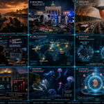 Global crisis montage with maps, warships, wildfire, Bitcoin