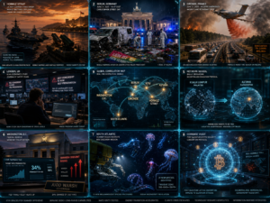 Global crisis montage with maps, warships, wildfire, Bitcoin
