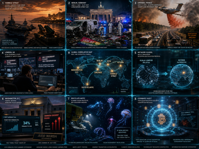 Global crisis montage with maps, warships, wildfire, Bitcoin