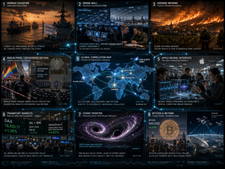Global news dashboard with geopolitics, markets and technology