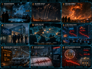 Global crisis news dashboard with geopolitical and market shocks