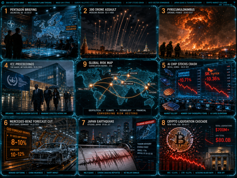Global crisis news dashboard with geopolitical and market shocks
